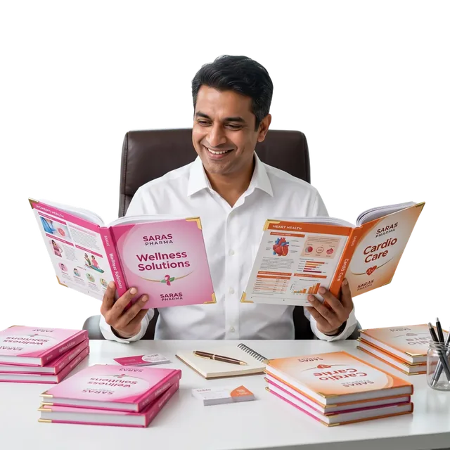 Happy pharma partner reviewing premium doctor-ready visual aid books designed and printed by RX Design Hub