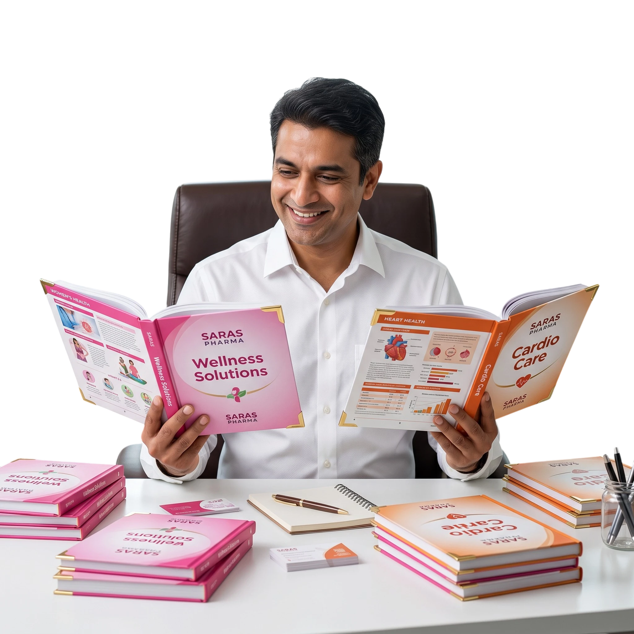 Happy pharma partner reviewing premium doctor-ready visual aid books designed and printed by RX Design Hub
