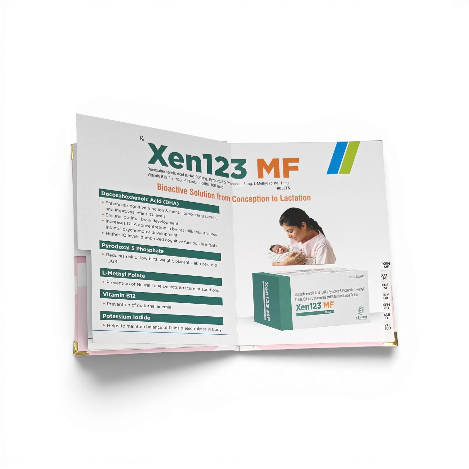 Book-form visual aid sample for pharmaceutical brand detailing, printed on high GSM art paper