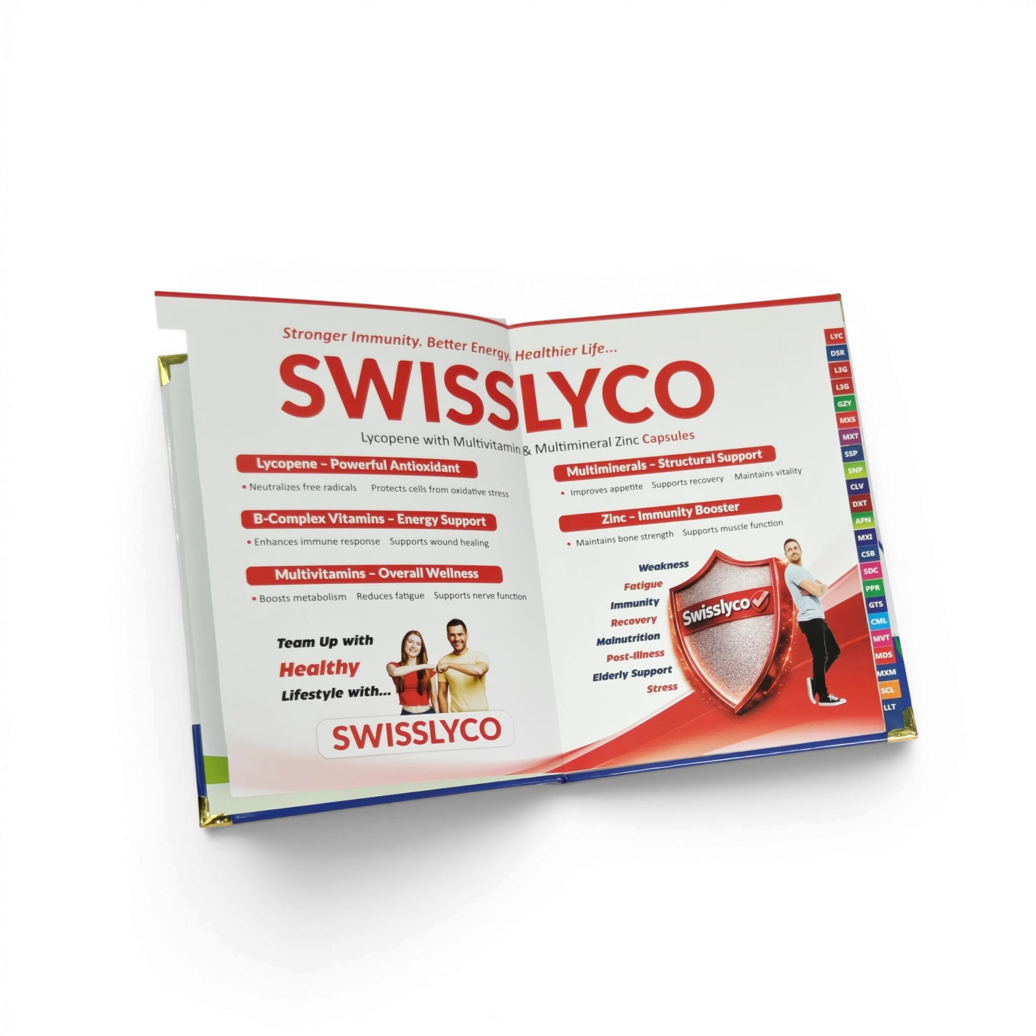 Pharma visual aid booklet sample with strong brand colours and clear typography