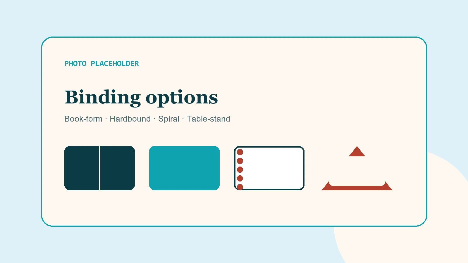 Binding options offered by a pharma printing company: book-form, hardbound, spiral and table-stand