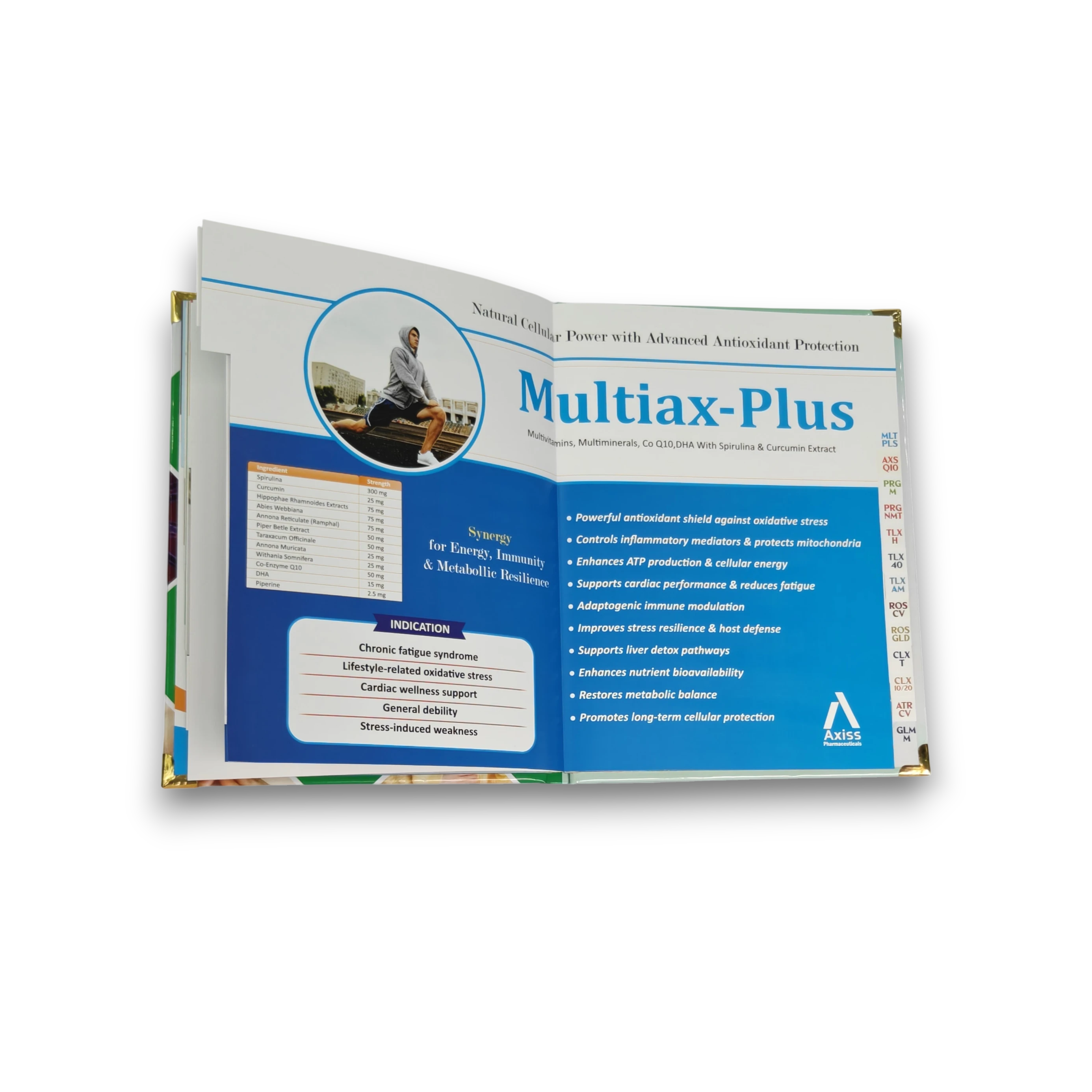 open pharma visual aid spread showing brand page layout with index tabs