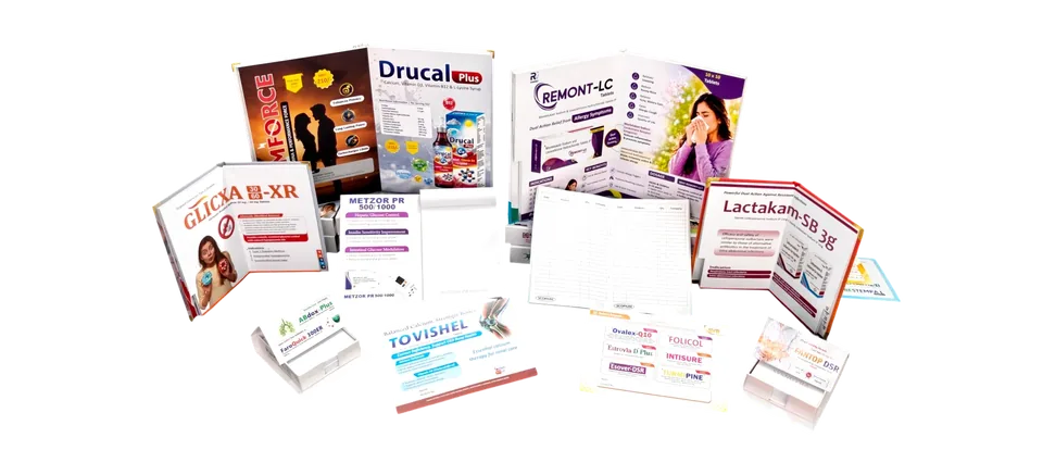 Complete pharma printing portfolio with visual aids, pads, reminder cards and chemist materials