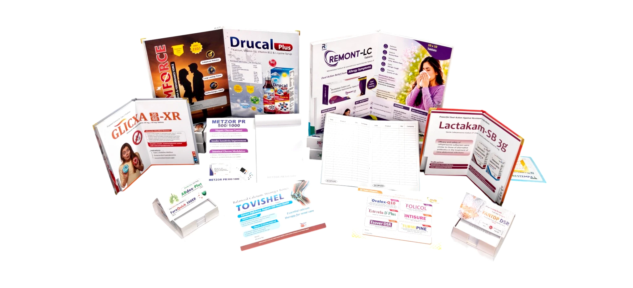Complete pharma printing portfolio with visual aids, pads, reminder cards and chemist materials