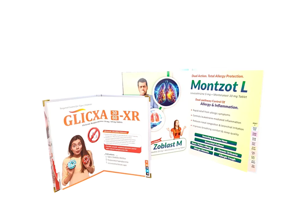 Two hardbound pharma visual aid books showing allergy and diabetes detailing layouts