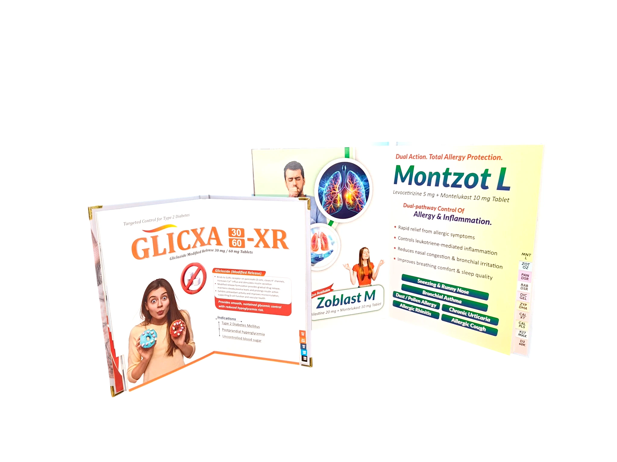 Two hardbound pharma visual aid books showing allergy and diabetes detailing layouts