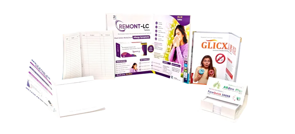 Complete pharma marketing collateral range with visual aids, order books and reminder cards