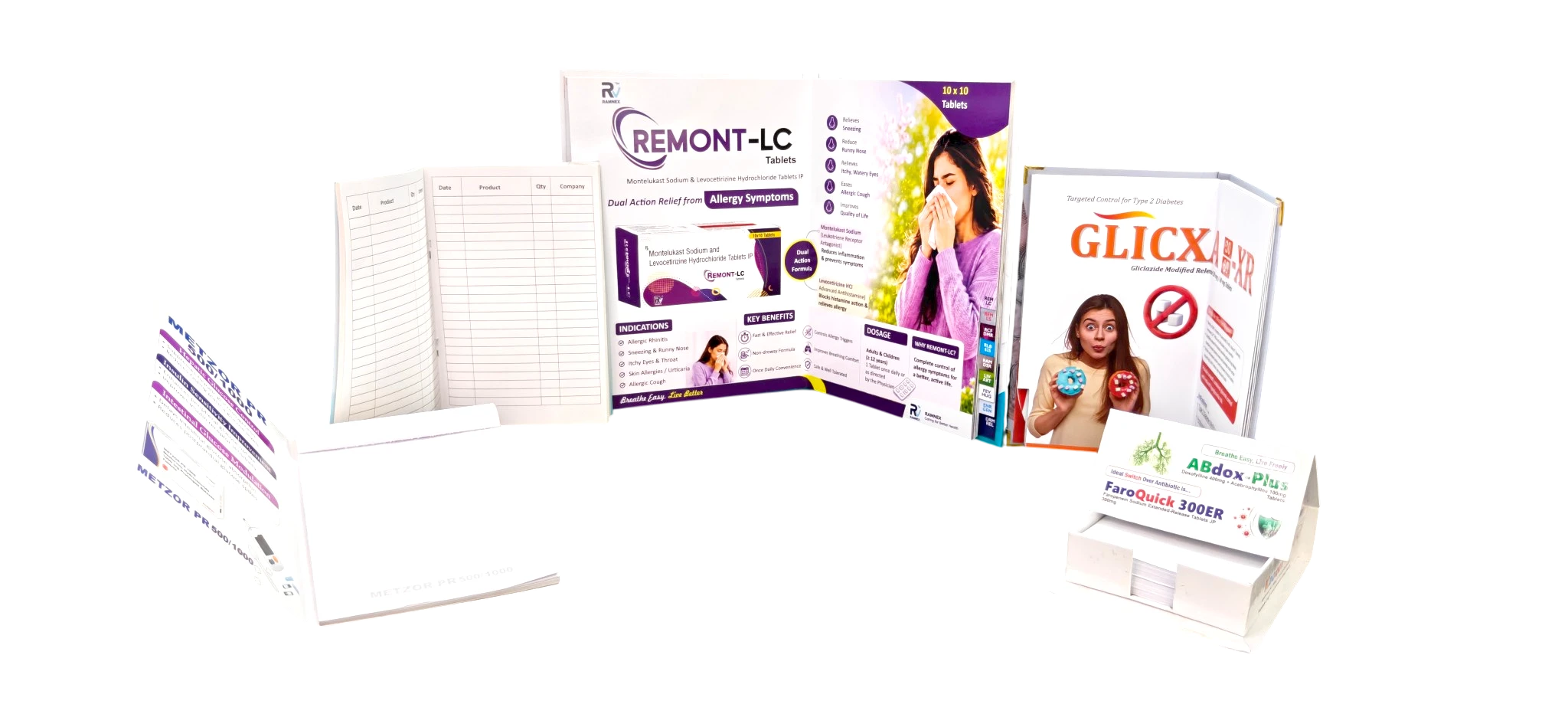 Complete pharma marketing collateral range with visual aids, order books and reminder cards