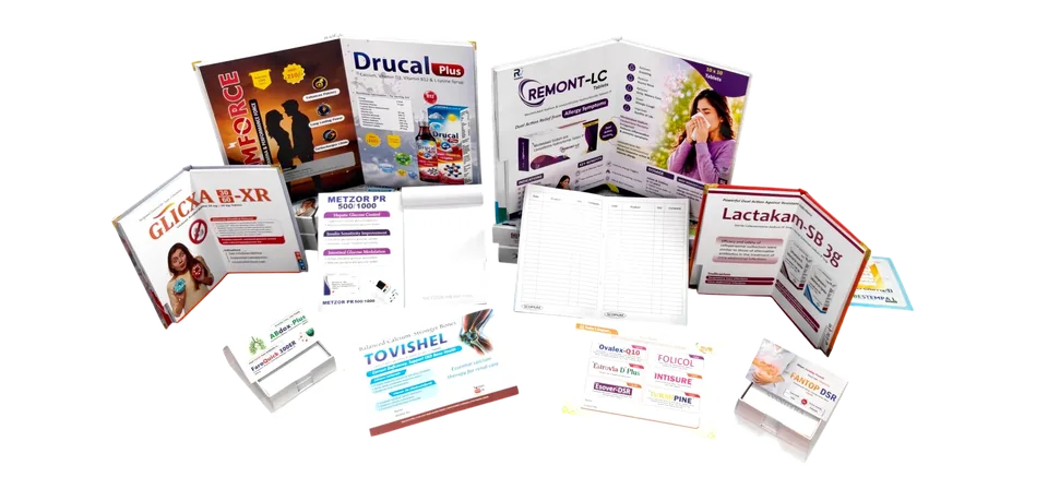 Pharma promotional materials printed in India including visual aids, pads and reminder cards