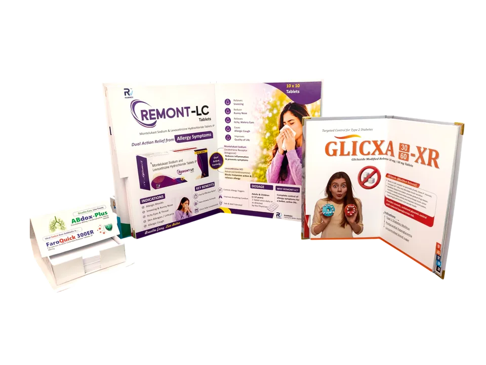 Pharma visual aid books with reminder cards and compact promotional print materials