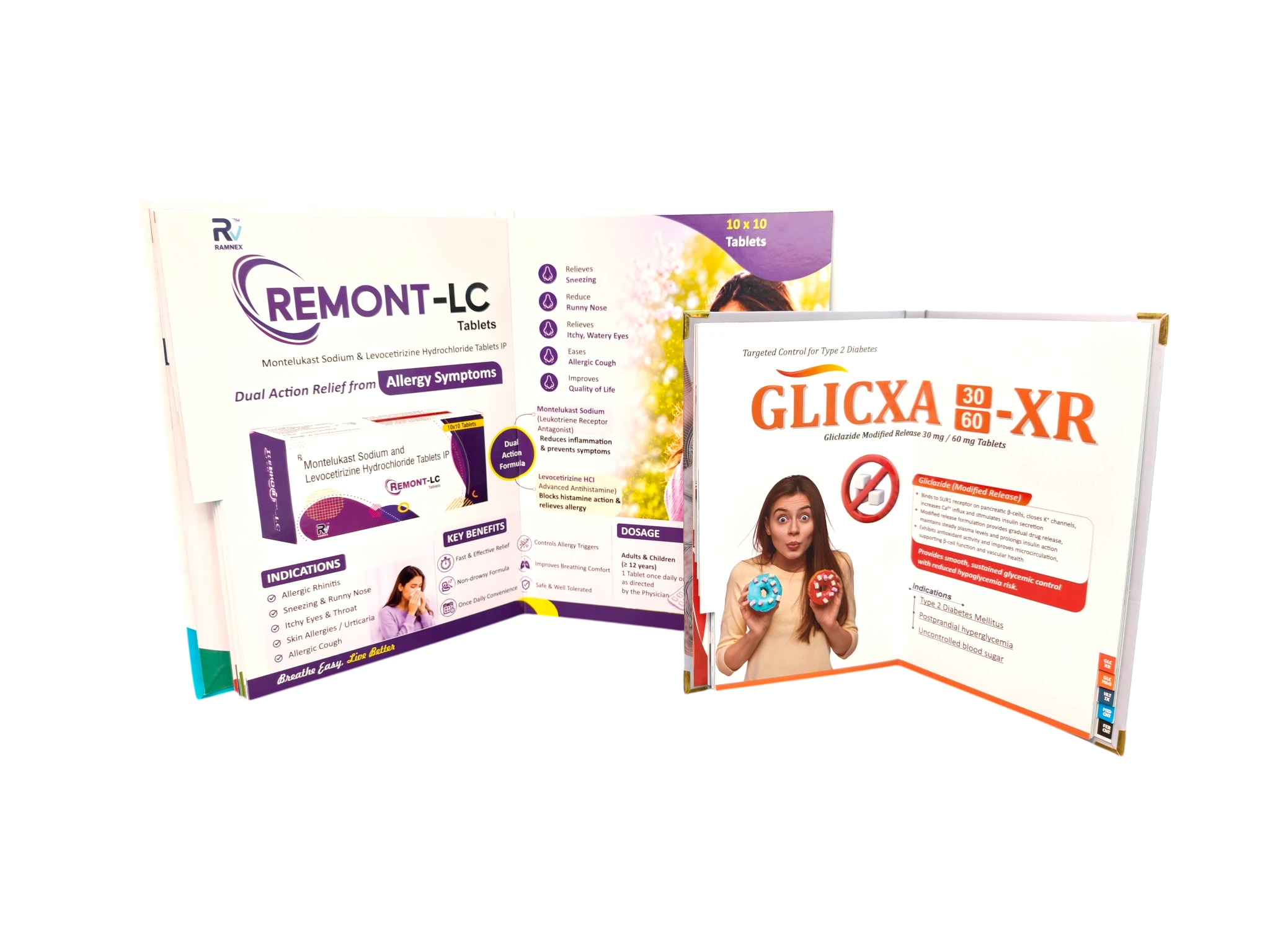 Open hardbound pharma visual aid spreads with clinical product information and index tabs